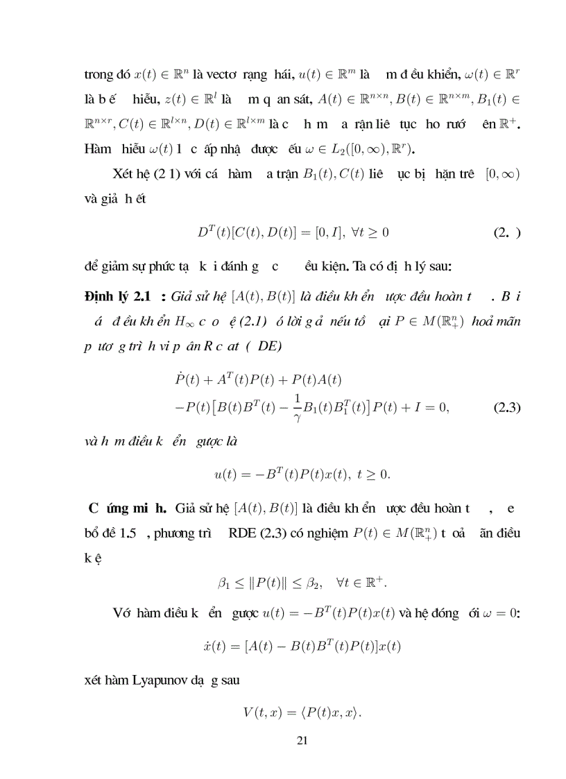 image for page Giới thiệu một số kết quả về bài toán điều khiển H1 cho hệ không ôtônôm không có trễ và có trễ với giả thiết điều khiển được