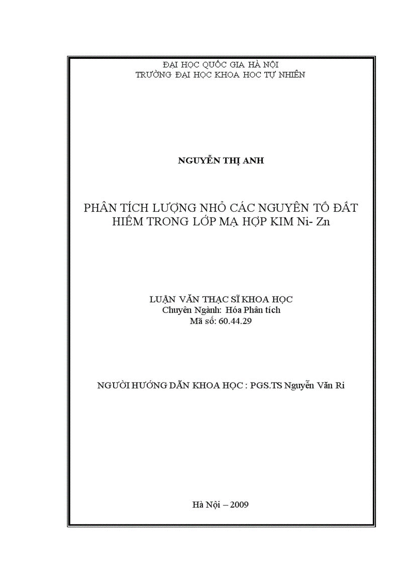 Phân tích lượng nhỏ các nguyên tố đất hiếm trong lớp mạ hợp kim Ni Zn