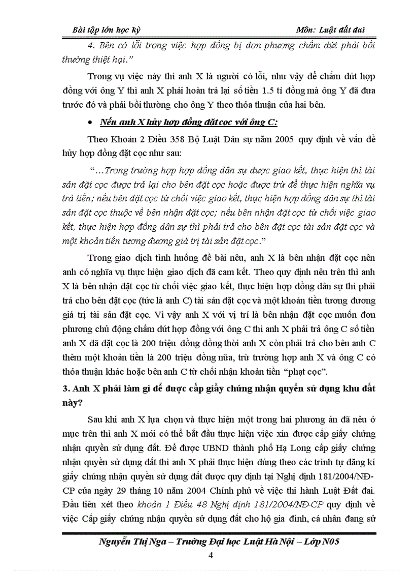 Bài tập lớn học kỳ môn luật đất đai giải quyết một tình huống cụ thể về tranh chấp đất đai mình được 9 điểm bài này đấy k3518 đại học luật hà nội