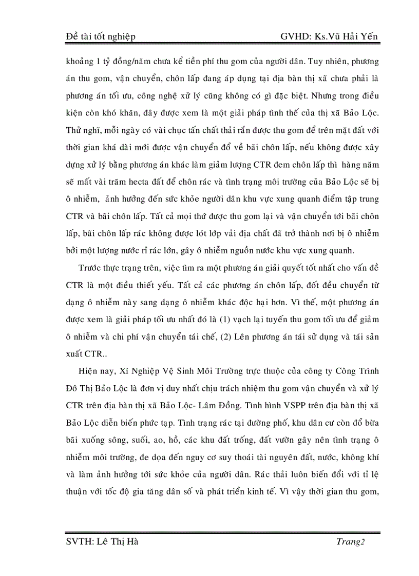 Nghiên cứu các giải pháp tốt nhất trong hệ thống quản lý CTR đô thị cho thị xã Bảo Lộc và qui hoạch đến năm 2020 151trang