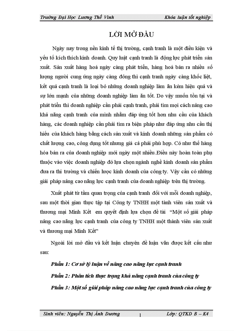 Một số giải pháp nâng cao năng lực cạnh tranh của công ty TNHH một thành viên sản xuất và thương mại Minh Kết
