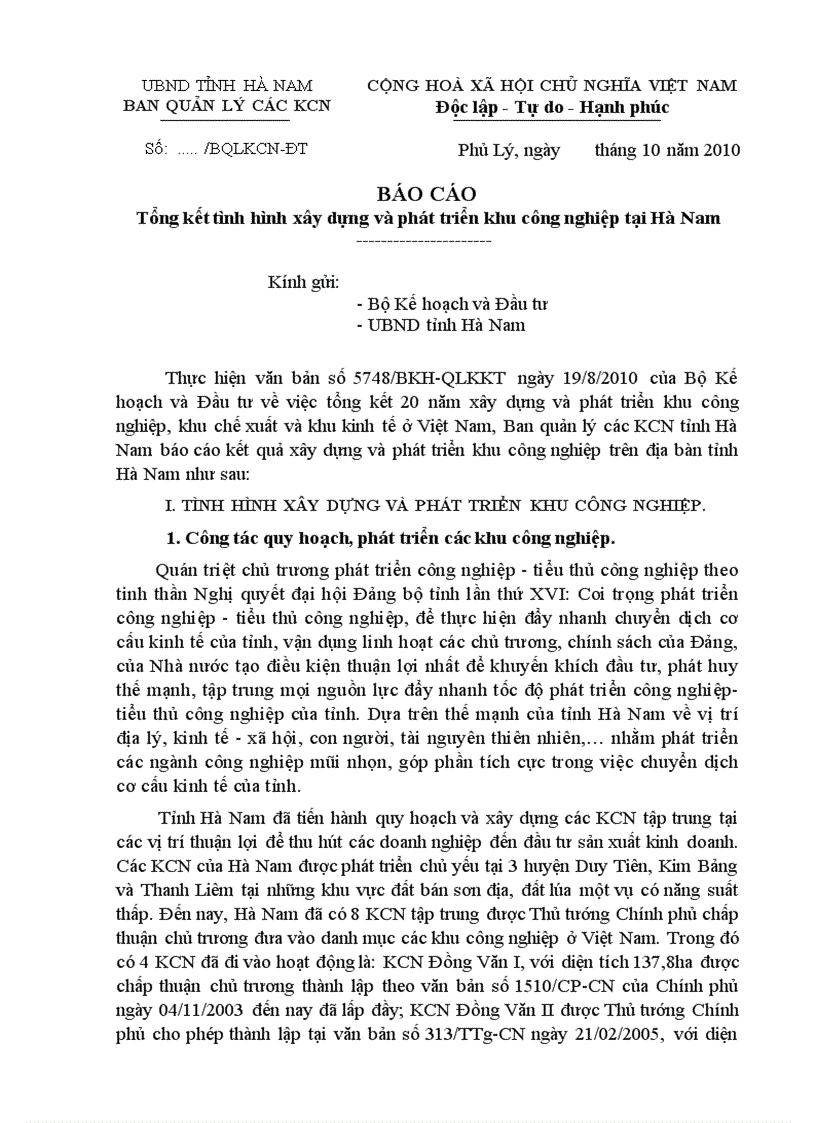 image for page Báo cáo tổng kết 20 năm xây dựng và phát triển khu công nghiệp tại Hà Nam