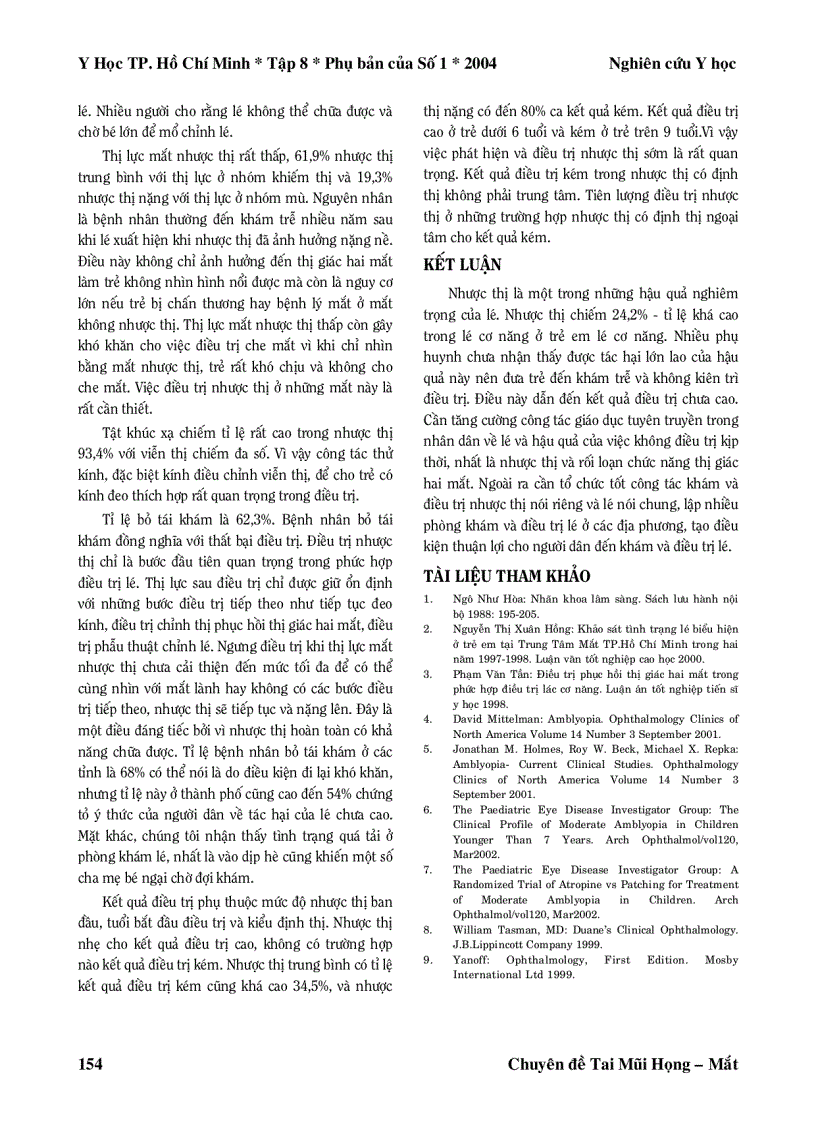 Khảo sát tình trạng nhược thị trên trẻ em lé cơ năng tại bệnh viện mắt TP HCM trong 2 năm 1999 2000