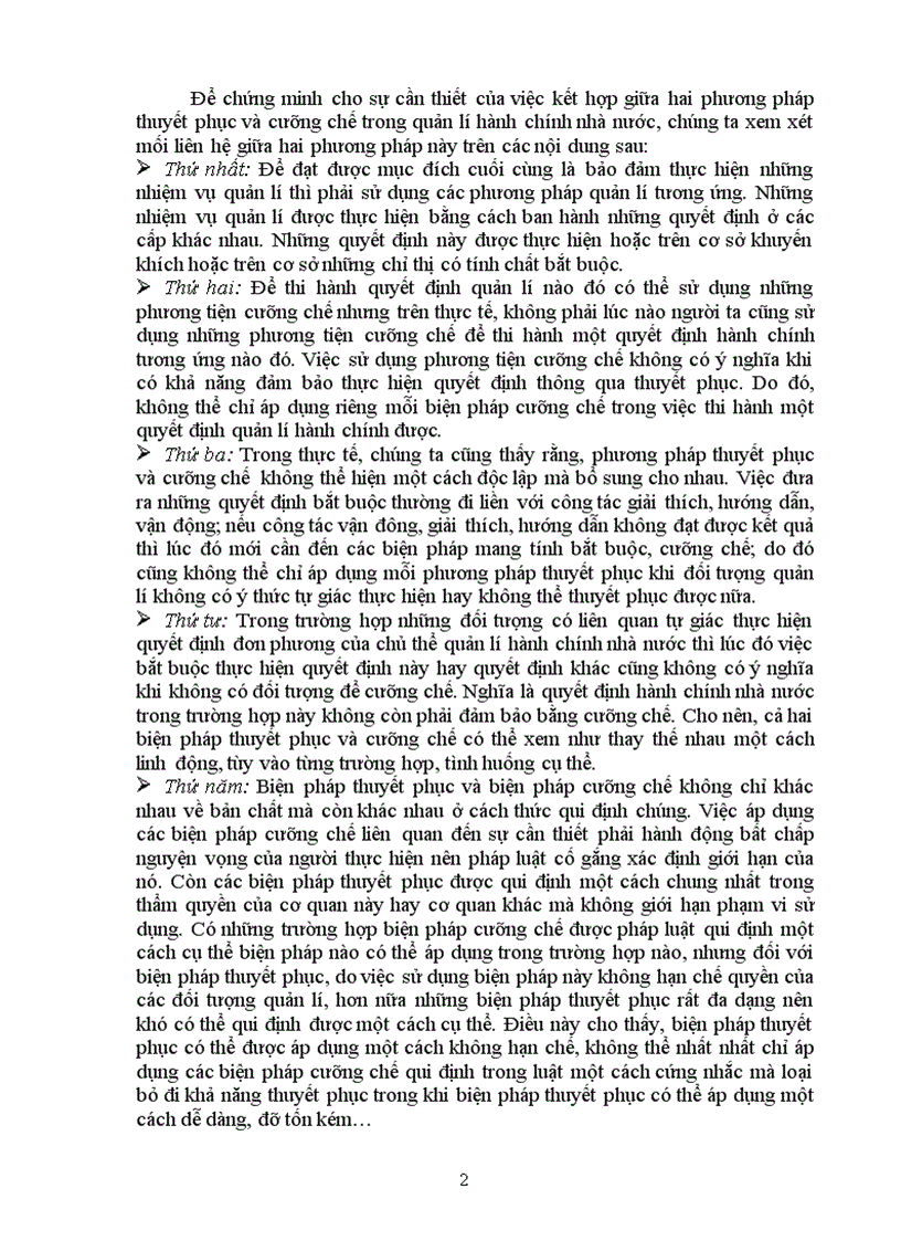 Phân tích mối liên hệ giữa phương pháp thuyết phục và phương pháp cưỡng chế trong quản lí hành chính nhà nước