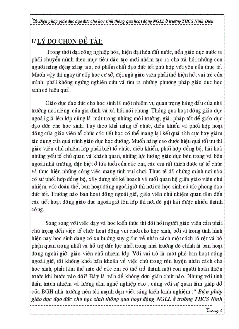 image for page Biện pháp giáo dục đạo đức cho học sinh thông qua hoạt động NGLL ở trường THCS Ninh Điền
