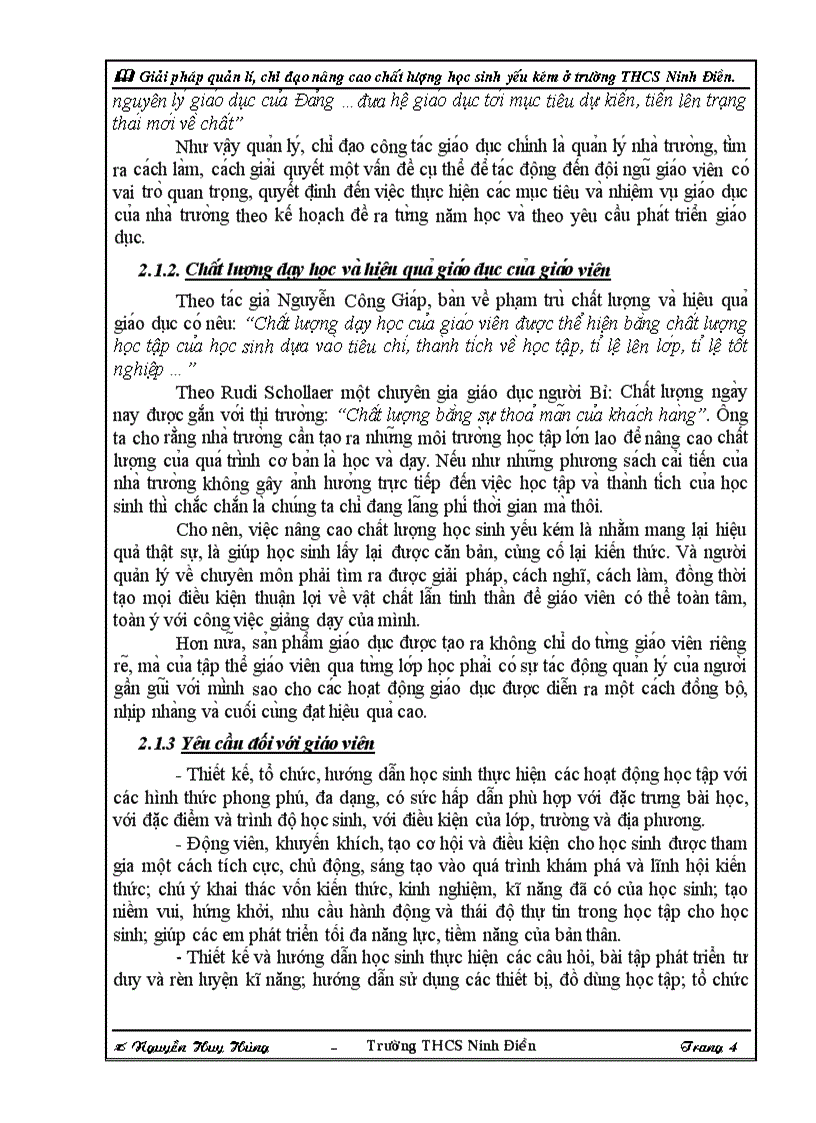 Gia i pha p qua n ly chi đa o nâng cao chất lượng học sinh yếu kém ơ trươ ng thcs ninh điền