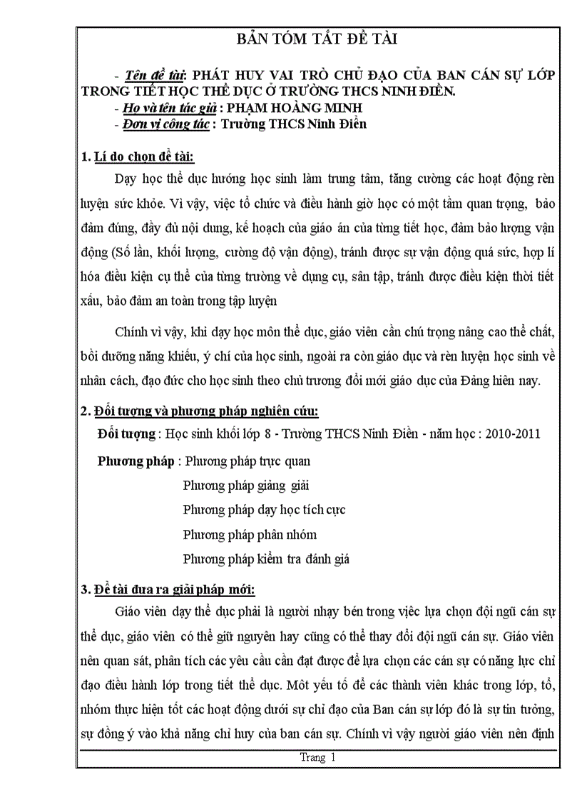 image for page Phát huy vai trò chủ đạo của ban cán sự lớp trong tiết học thể dục ở trường thcs ninh điền