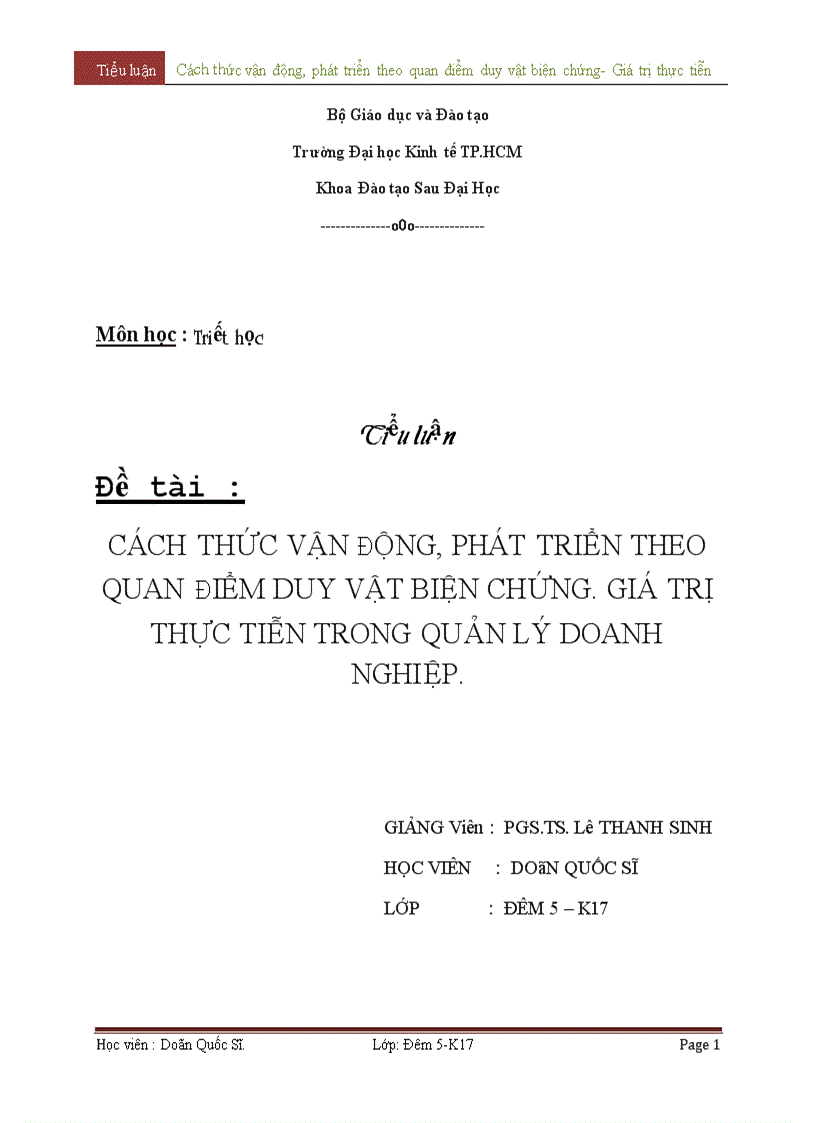 Cách thức vận động phát triển theo quan điểm duy vật biện chứng Giá trị thực tiễn trong quản lý doanh nghiệp