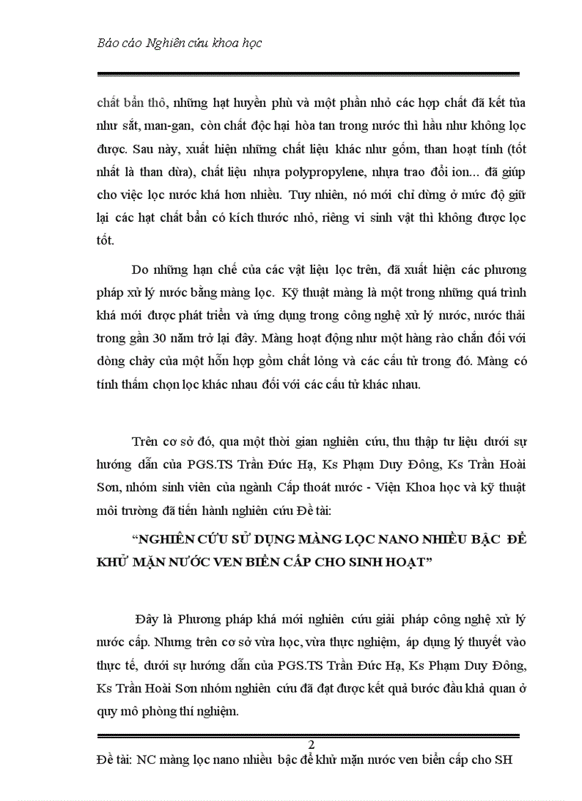 Báo cáo nckh nghiên cứu sử dụng màng lọc nano nhiều bậc để khử mặn nước ven biển cấp cho sinh hoạt