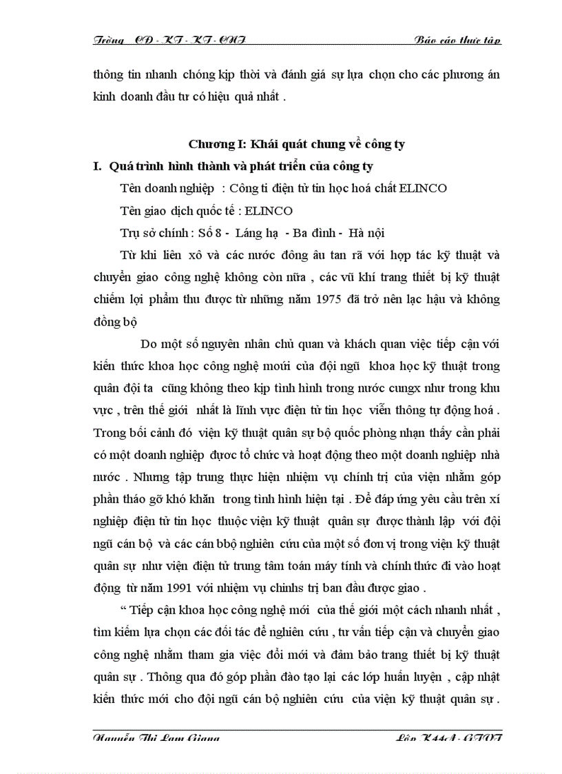 Báo cáo thực tập tại Công ty điện tử tin học hoá chất ELINCO