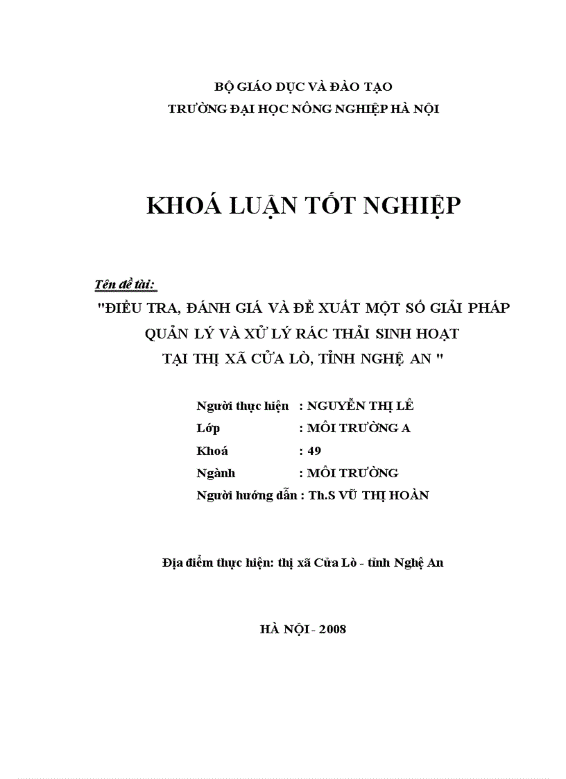 image for page Điều tra đánh giá và đề xuất một số giải pháp quản lý và xử lý rác thải sinh hoạt tại Thị xã Cửa Lò tỉnh Nghệ An