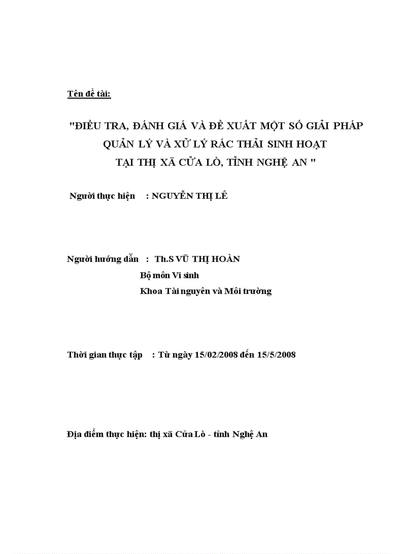 image for page Điều tra đánh giá và đề xuất một số giải pháp quản lý và xử lý rác thải sinh hoạt tại Thị xã Cửa Lò tỉnh Nghệ An