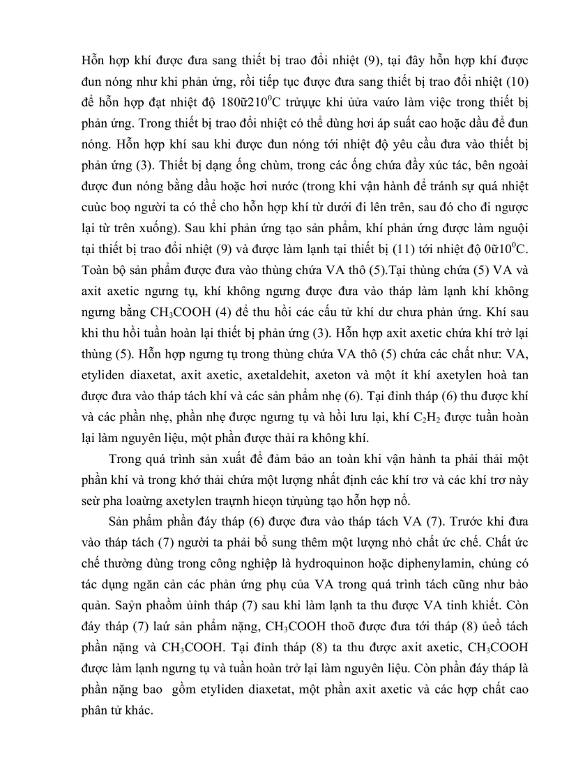image for page Thiết kế phân xưởng sản xuất Vinyl Axetat VA từ Axetylen với Axit axetic trên xúc tác Axetat kẽm trên than hoạt tính với năng suất 80 000 tấn năm ĐH BK HN