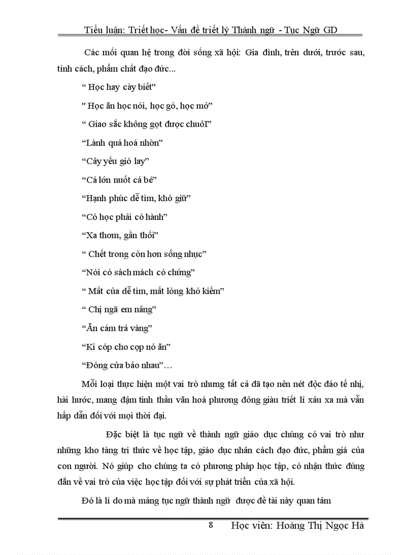image for page Tiểu luận Triết học Vấn đề triết lí Thành ngữ Tục ngữ trong giáo dục
