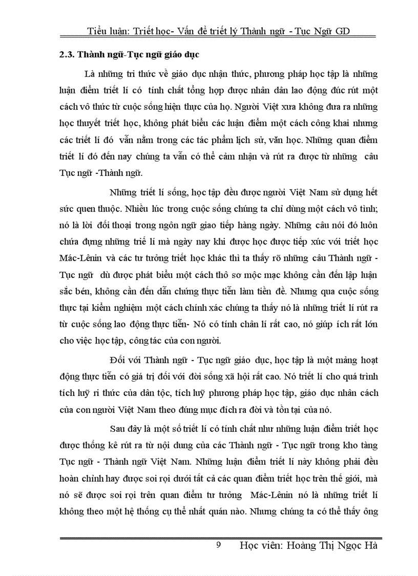 image for page Tiểu luận Triết học Vấn đề triết lí Thành ngữ Tục ngữ trong giáo dục