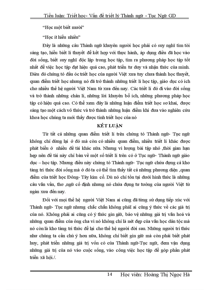 image for page Tiểu luận Triết học Vấn đề triết lí Thành ngữ Tục ngữ trong giáo dục