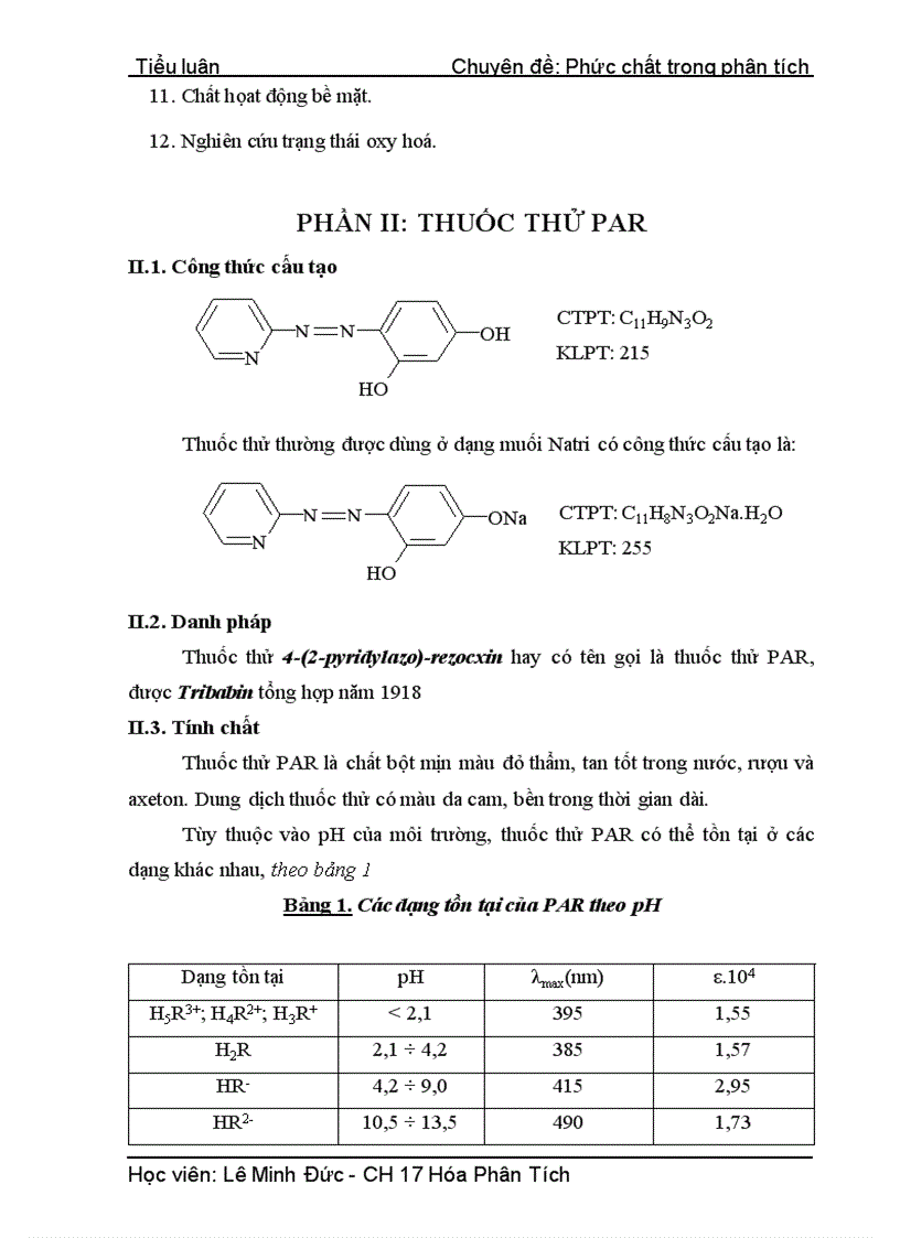 Ứng dụng phân tích của sự tạo phức của thuốc thử PAR với kim loại