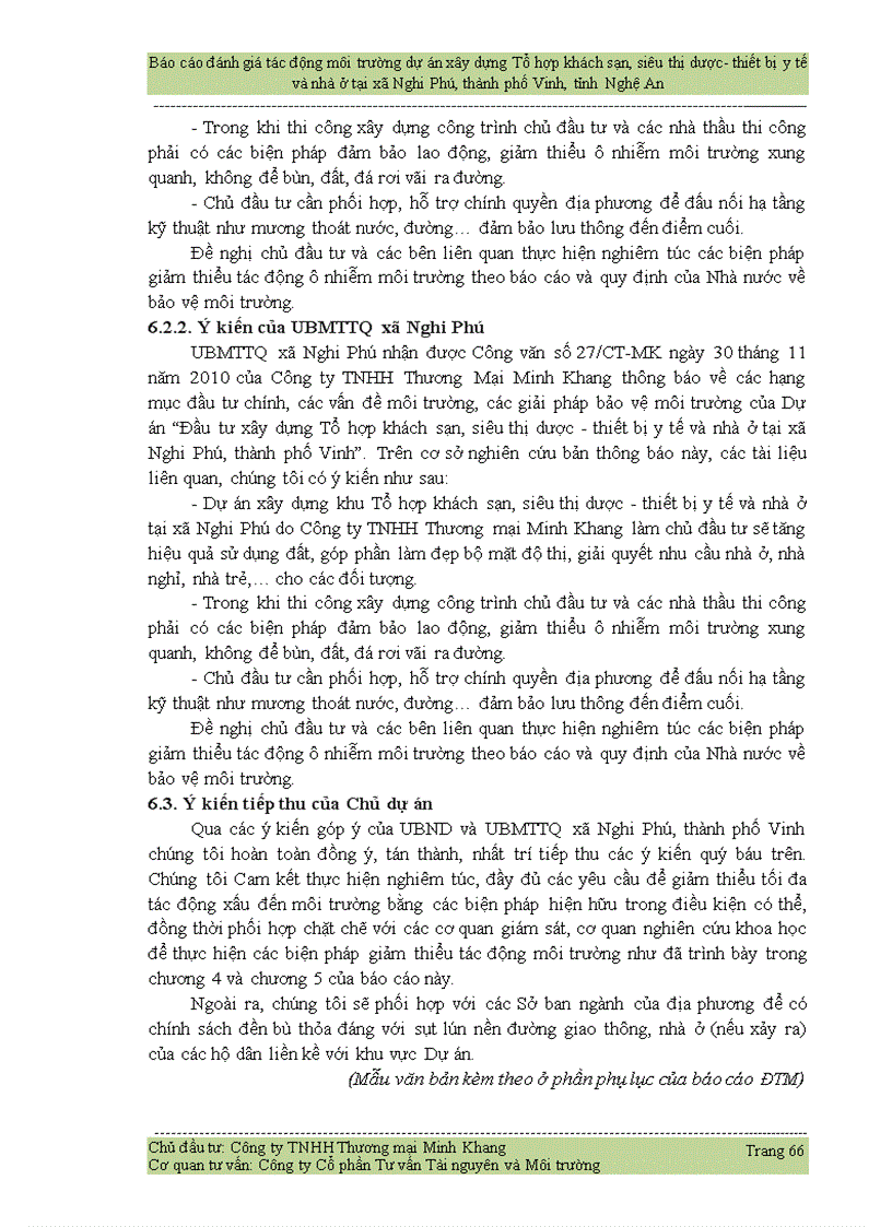 image for page Đánh giá tác động môi trường dự án xây dựng Tổ hợp khách sạn siêu thị dược thiết bị y tế và nhà ở tại xã Nghi Phú