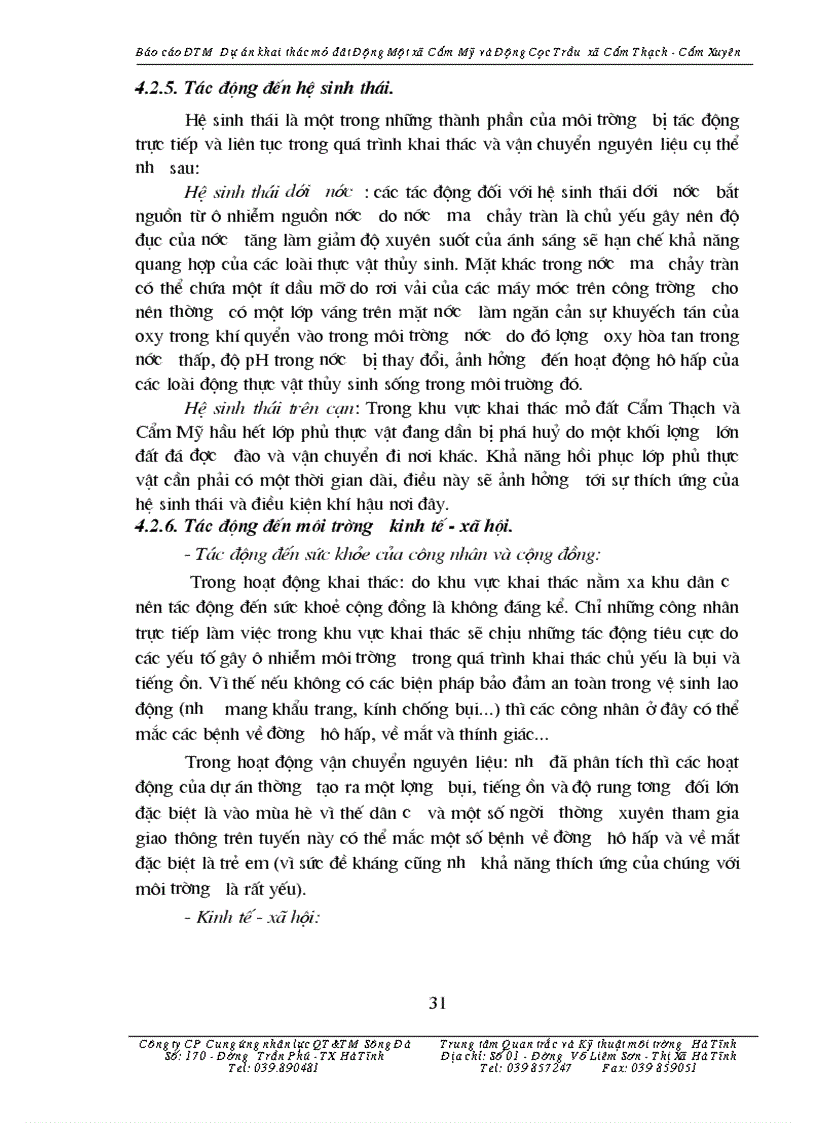image for page Báo cáo đánh giá tác động môi trường dự án khai thác mỏ đất Động Một xã Cẩm Mỹ và Động Cọc Trầu xã Cẩm Thạch huyện Cẩm Xuyên tỉnh Hà Tĩnh