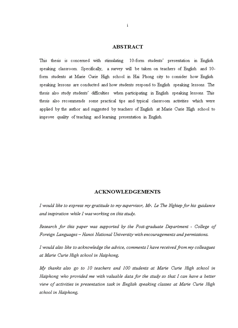 image for page Các hoạt động trong lớp học để khuyến khích khả năng trình bày tiếng Anh của học sinh lớp 10 trường THPT Marie Curie Hải Phòng luận văn tiếng Anh