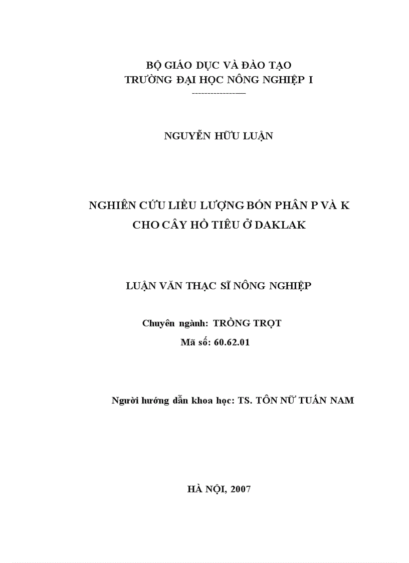 image for page Luận văn thạc sỹ Nghiên cứu liều lượng bón phân P và K cho cây hồ tiêu ở DakLak