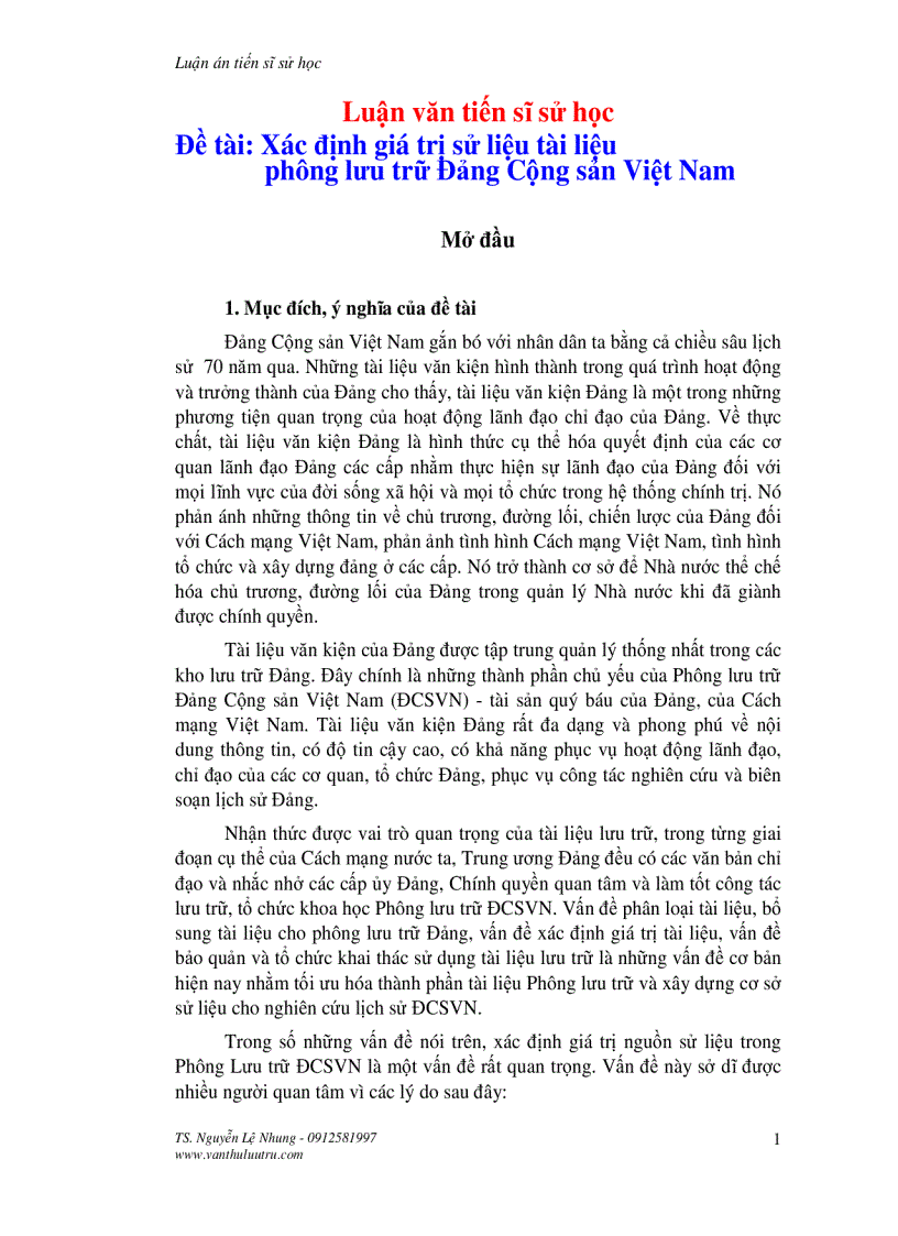 image for page Luận án tiến sĩ sử học Xác định giá trị sử liệu tài liệu phông lưu trữ Đảng Cộng sản Việt Nam phần Mở đầu
