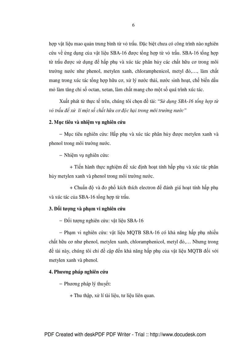 Sử dụng SBA 16 tổng hợp từ vỏ trấu để xử lí một số chất hữu cơ độc hại trong môi trường nước