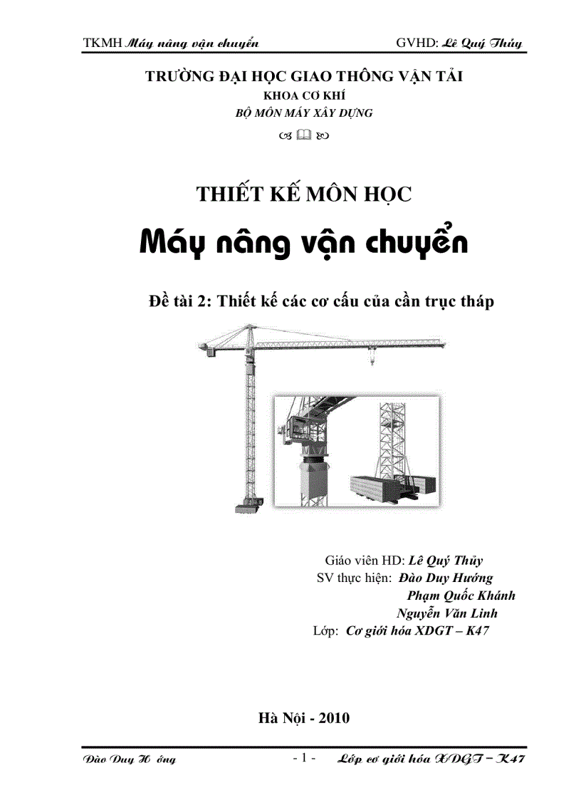 Máy nâng vận chuyển Thiết kế các cơ cấu của cần trục tháp