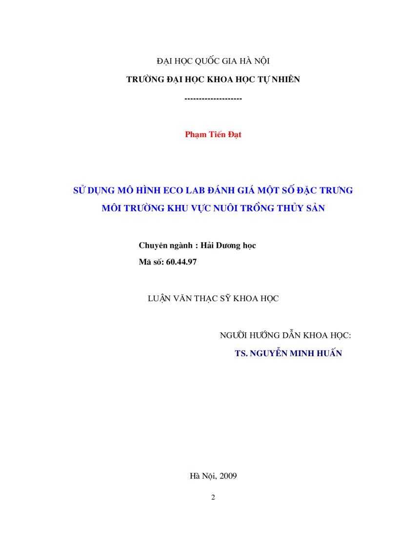 image for page Ứng dụng mô hình ECO Lab trong gói phần mềm MIKE của Viện Thủy lực Đan Mạch vào việc đánh giá một số đặc trưng môi trường biển và chất lượng nước tại các khu vực nuôi trồng thủy sản