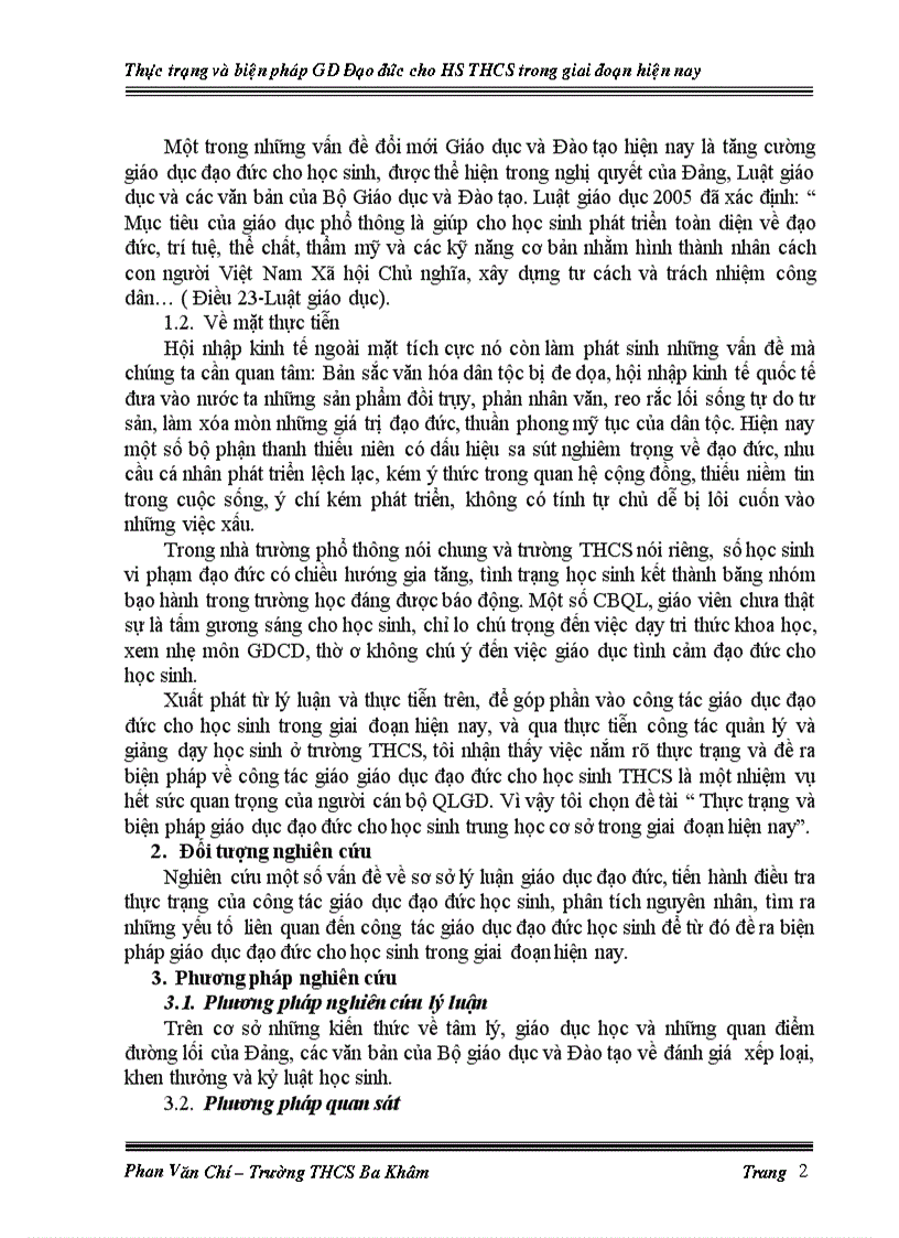 image for page Thực trạng và biện pháp giáo dục đạo đức cho học sinh của Trường THCS Ba Khâm