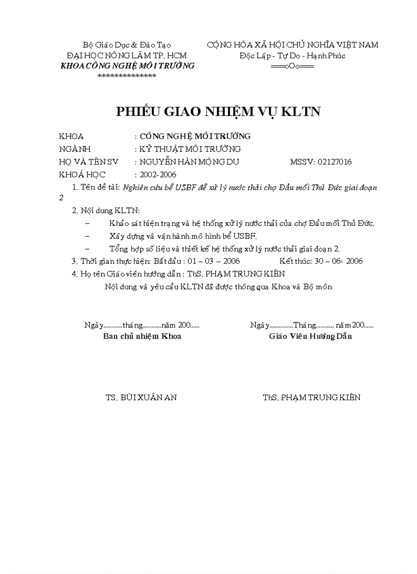 image for page Nghiên cứu bể USBF Upflow Sludge Blanket Filter để Xử Lý Nước Thải chợ đầu mối Thủ Đức