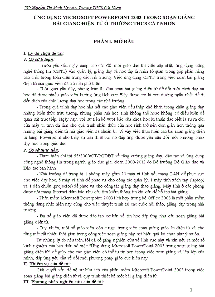 Ứng dụng microsoft powerpoint 2003 trong soạn giảng bài giảng điện tử ở trường thcs cát nhơn