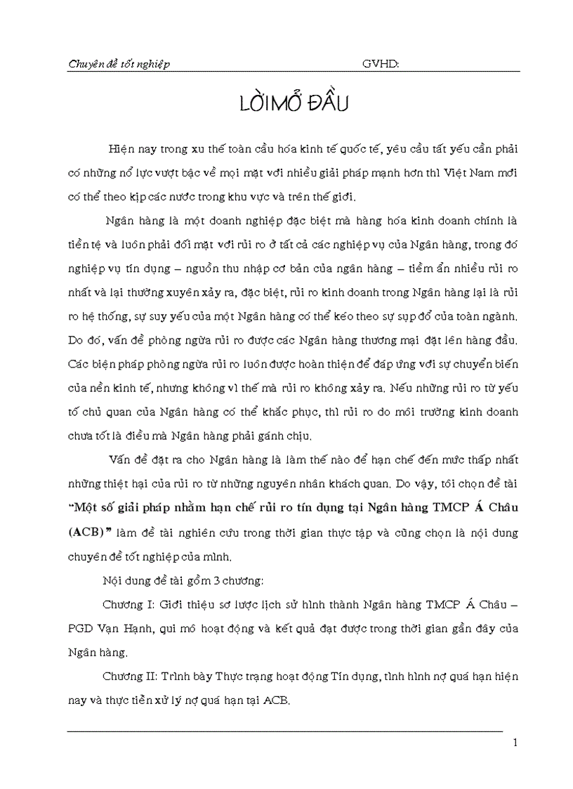 Một số giải pháp nhằm hạn chế rủi ro tín dụng tại Ngân hàng thương mại cổ phần Á Châu ACB PGD Vạn Hạnh