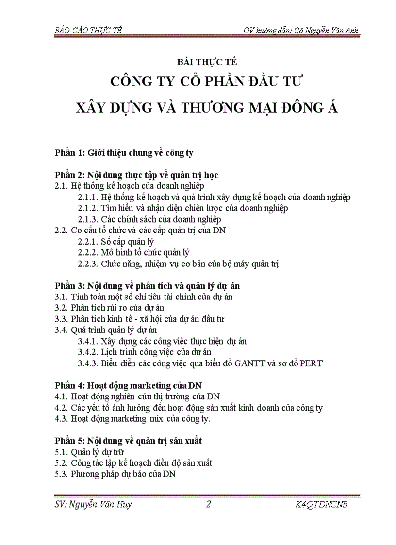 Báo cáo thực tế môn học tại công ty cổ phần đầu tư xây dựng và thương mại đông á