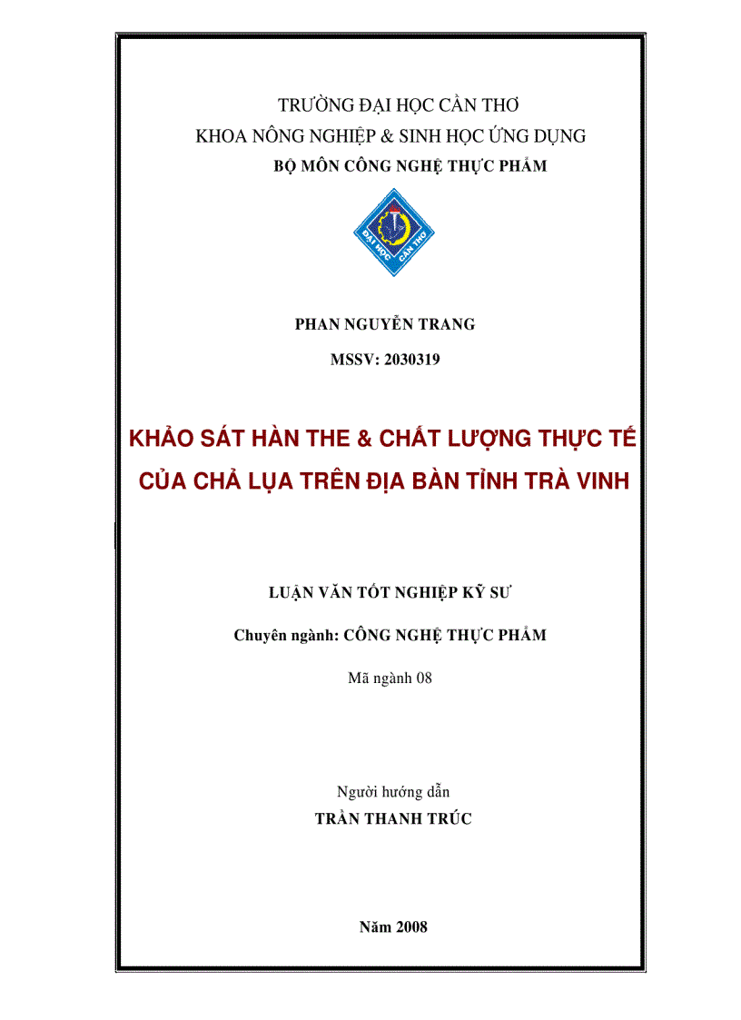 image for page Khảo sát hàn the và chất lượng thực tế của chả lụa trên địa bàn tỉnh Trà Vinh