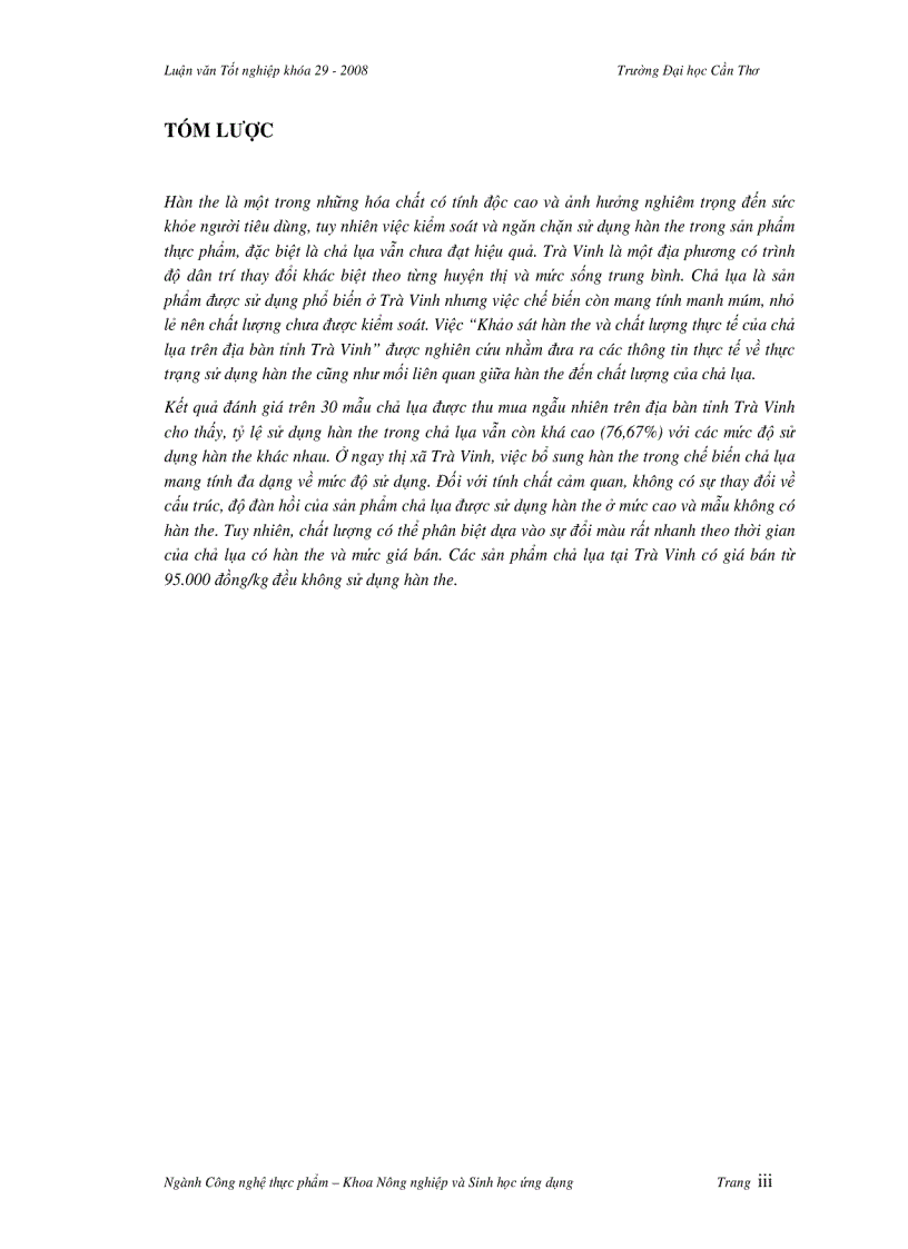 image for page Khảo sát hàn the và chất lượng thực tế của chả lụa trên địa bàn tỉnh Trà Vinh