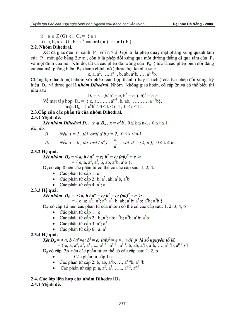 Cấp của các phần tử và các lớp liên hợp của nhóm dihedral