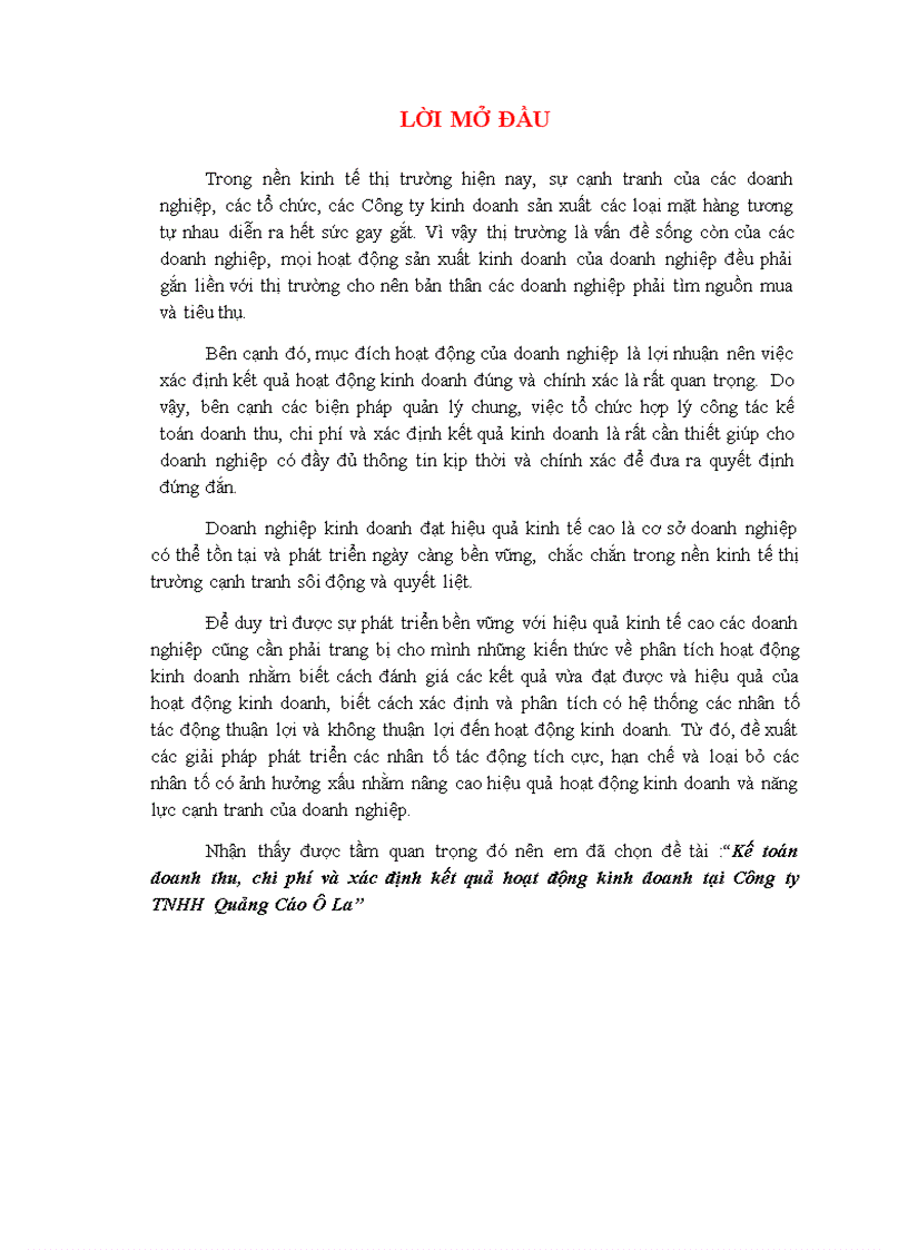 Kế toán doanh thu chi phí và xác định kết quả hoạt động kinh doanh tại Công ty TNHH Quảng Cáo Ô La