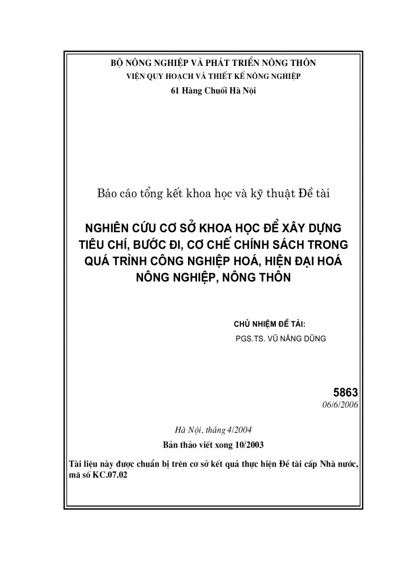 image for page Nghiên cứu cơ sở khoa học để xây dựng tiêu chí bước đi cơ chế chính sách trong quá trình công nghiệp hóa hiện đại hóa nông nghiệp nông thôn