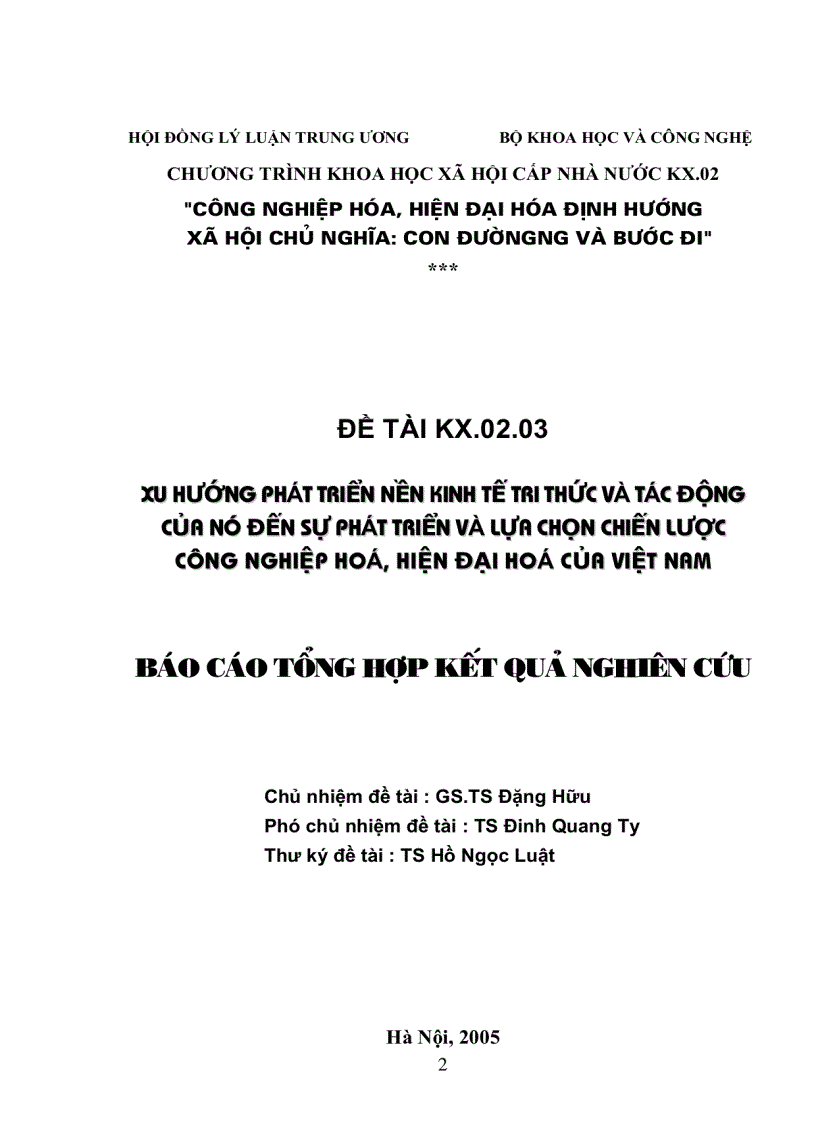 Xu hướng phát triển nền kinh tế tri thức và tác động của nó đến sự phát triển và lựa chọn chiến lược công nghiệp hóa hiên đại hóa của Việt Nam