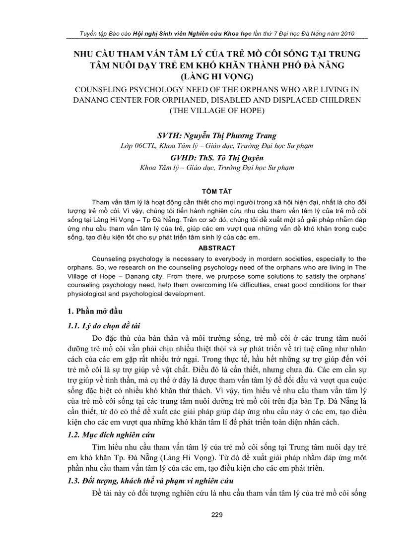 image for page Nhu cầu tham vấn tâm lý của trẻ mồ côi sống tại trung tâm nuôi dạy trẻ em khó khăn thành phố đà nẵng làng hi vọng