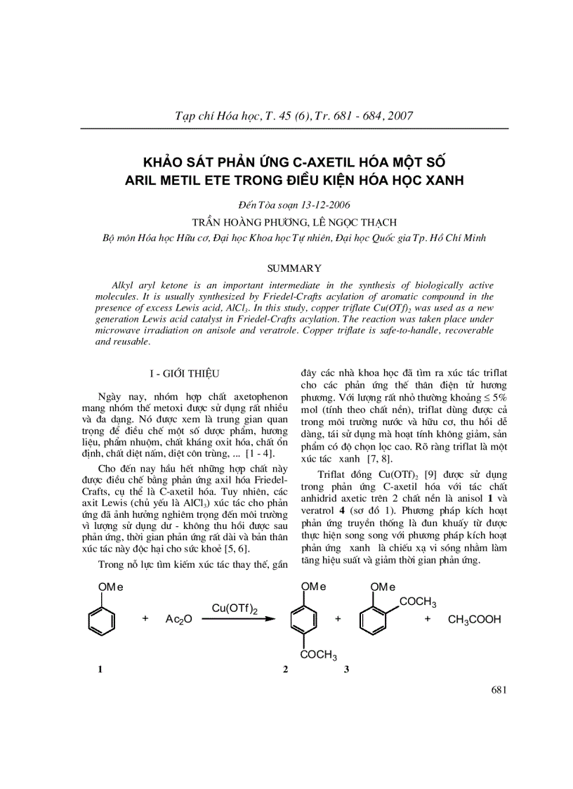 image for page KHảO SáT PHảN ứNG C AxETIL HóA MộT Số ARIL METIL ETE TRONG ĐIềU KIệN HóA HọC XANH