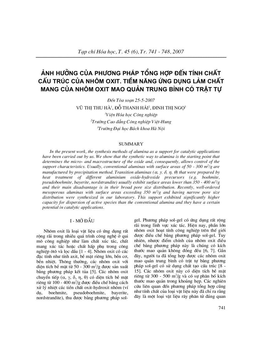 image for page Ảnh hưởng của phương pháp tổng hợp đến tính chất cấu trúc của nhôm oxit Tiềm năng ứng dụng làm chất mang của nhôm oxit mao quản trung bình có trật tự