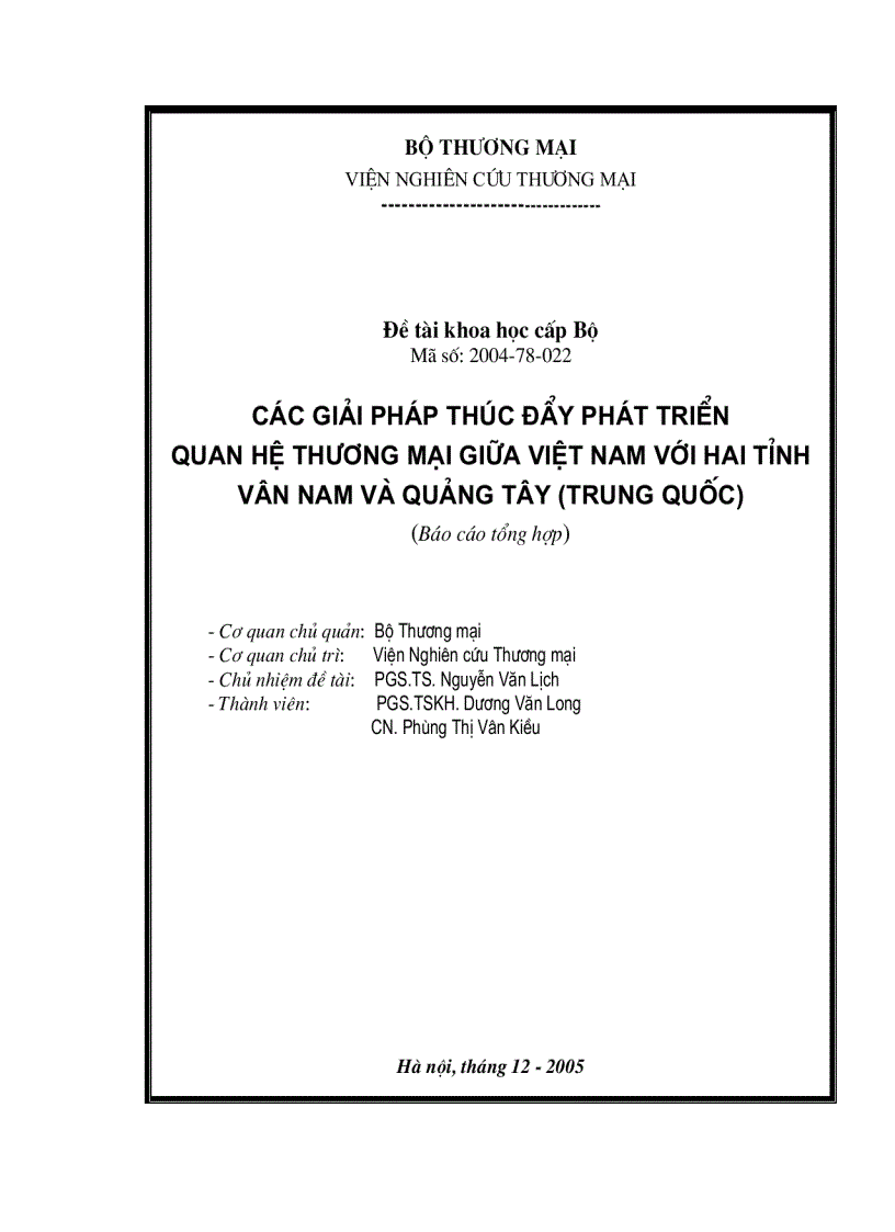 Các giải pháp thúc đẩy phát triển quan hệ thương mại giữa Việt Nam với hai tỉnh Vân Nam và Quảng Tây Trung Quốc
