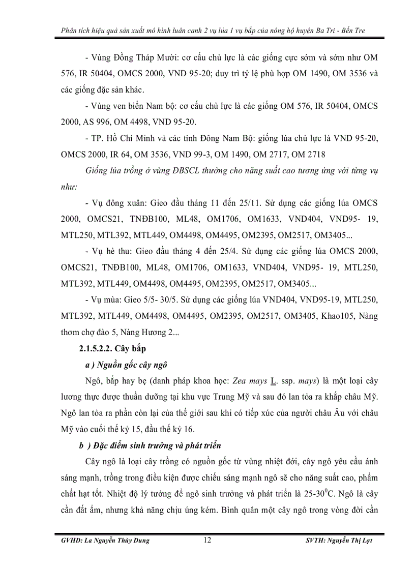 image for page Phân tích hiệu quả sản xuất mô hình luân canh 2 vụ lúa 1 vụ bắp của nông hộ huyện ba tri bến tre