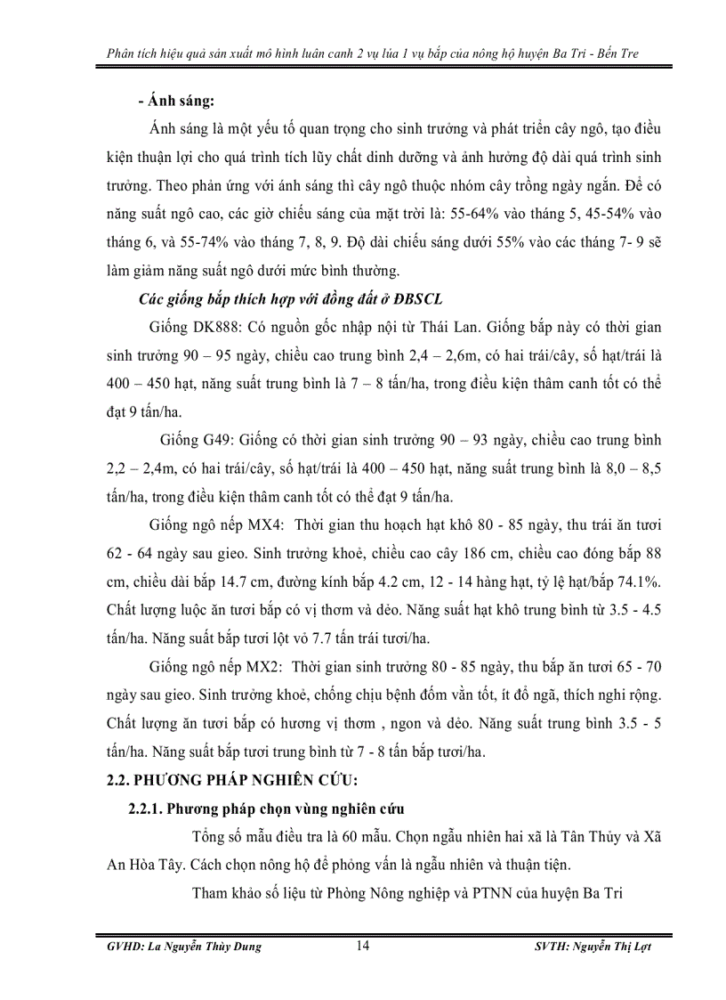 image for page Phân tích hiệu quả sản xuất mô hình luân canh 2 vụ lúa 1 vụ bắp của nông hộ huyện ba tri bến tre