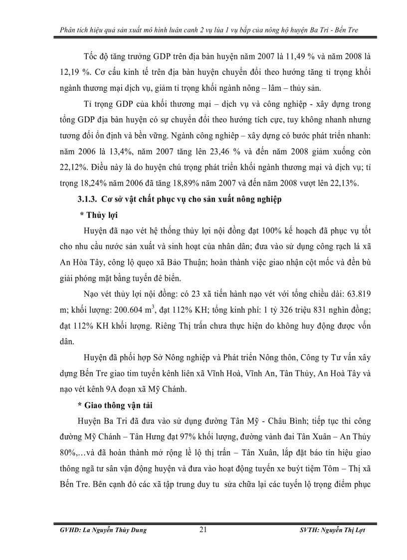 image for page Phân tích hiệu quả sản xuất mô hình luân canh 2 vụ lúa 1 vụ bắp của nông hộ huyện ba tri bến tre