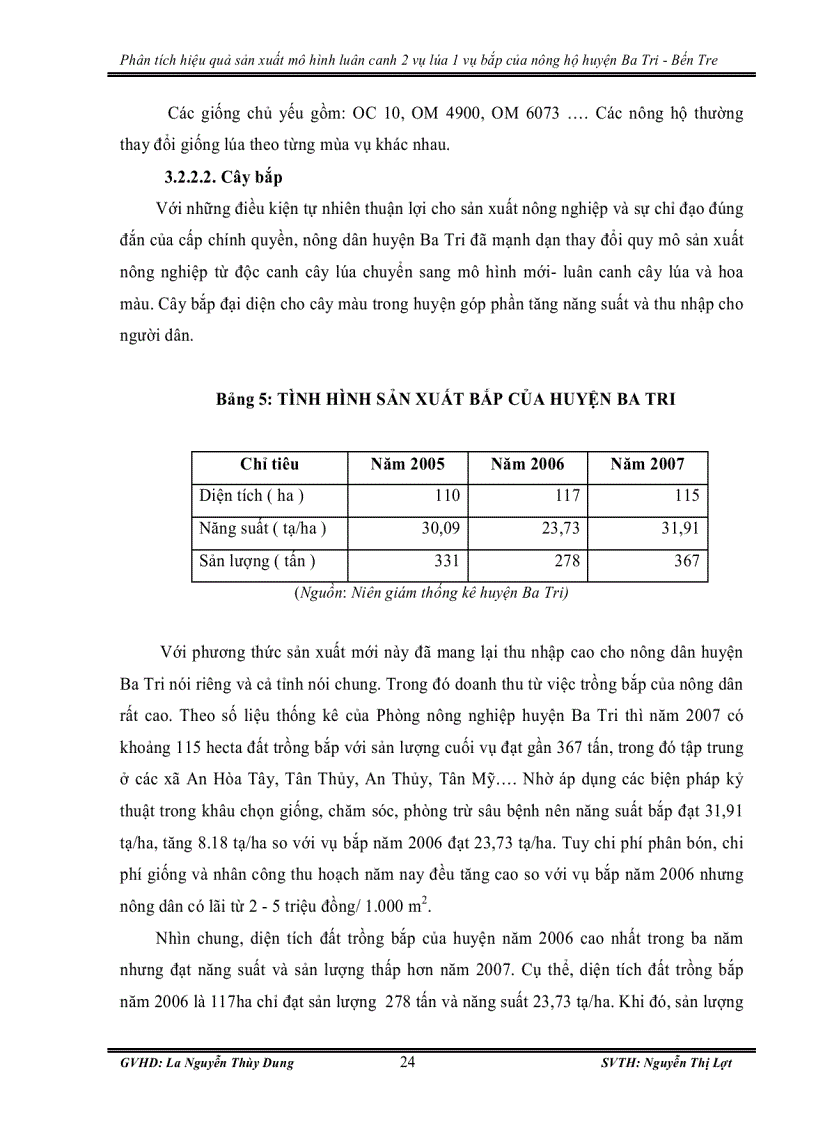 image for page Phân tích hiệu quả sản xuất mô hình luân canh 2 vụ lúa 1 vụ bắp của nông hộ huyện ba tri bến tre