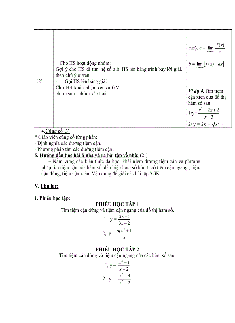 ĐƯỜNG TIỆM CẬN CỦA ĐỒ THỊ HÀM SỐ Giáo án nâng cao