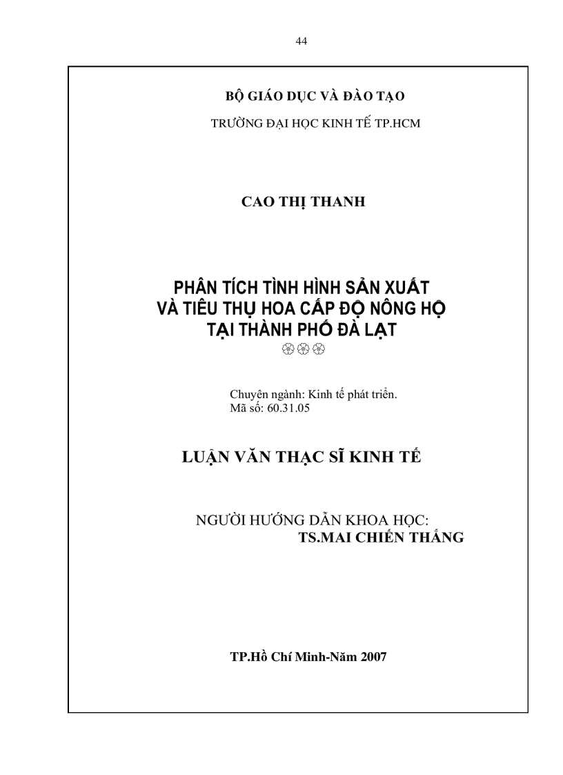 image for page Phân tích tình hình sản xuất và tiêu thụ hoa cấp độ nông hộ tại thành phố Đà Lạt